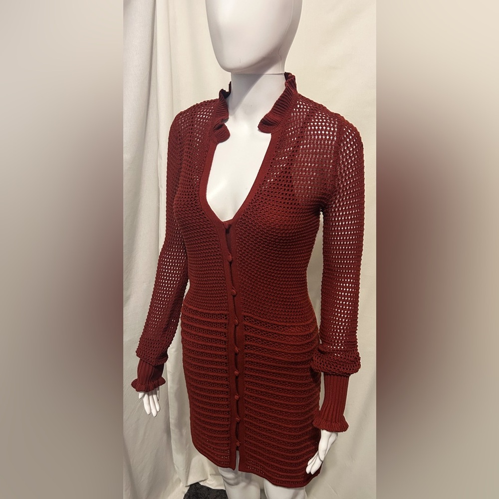 Joie Xs Red Knit Crochet Cardigan Sweater Dress Bohemian Y2K Festival Beach